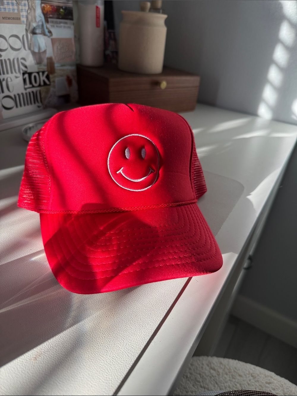 Red Smiley Mesh Trucker Hat